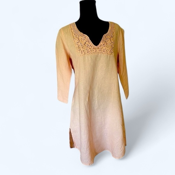 MALVIN HAMBURG LINEN Shift DRESS Crocheted V-Neck Coral Women’s Siz… - Picture 1 of 14